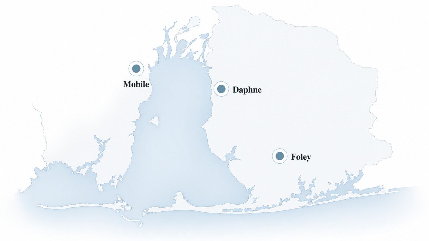 Map of Baldwin and Mobile County, Alabama showing Quick Fix Technology Group locations in Mobile, Daphne, and Foley