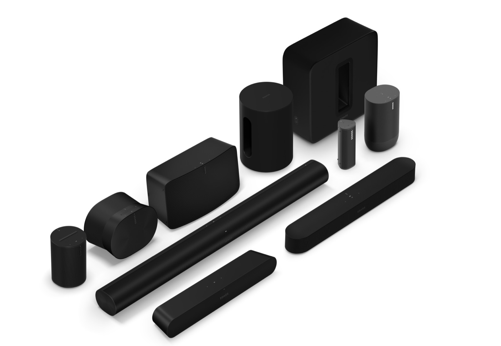 The Sonos speaker lineup — soundbars, subwoofers, and portable and bookshelf speakers